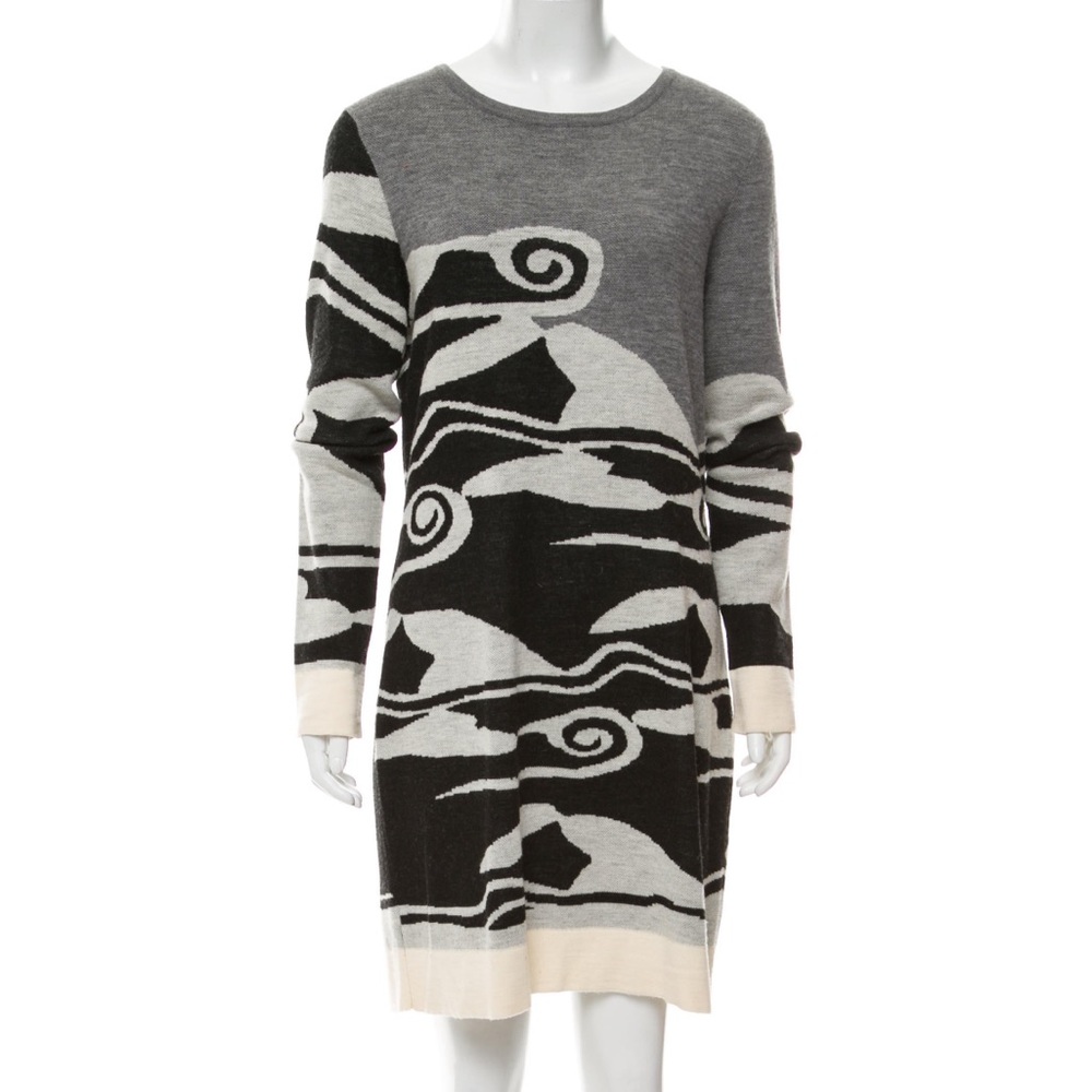 Diane Von Furstenberg Gray, Black and Cream Swirl Pattern Sweater Dress